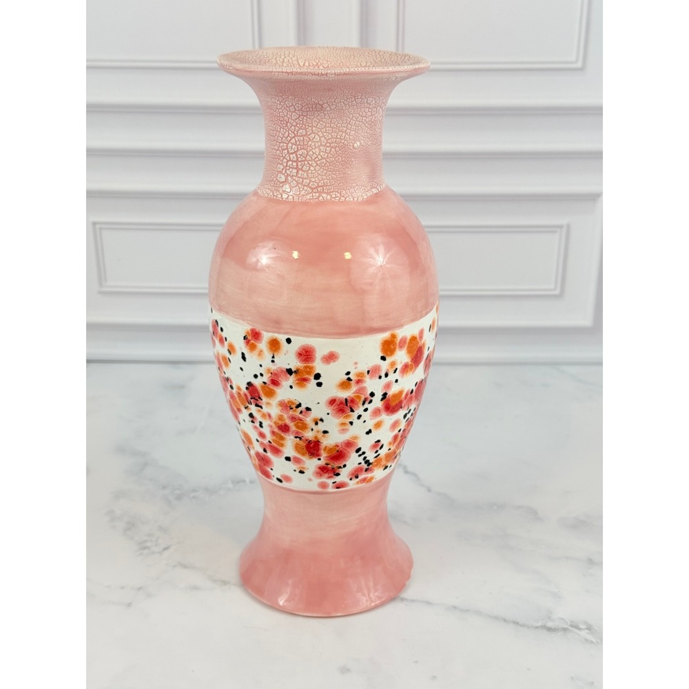 Pink Floral Ceramic Baluster Studio Pottery Vase Artist Signed 9.5" Tall EUC!